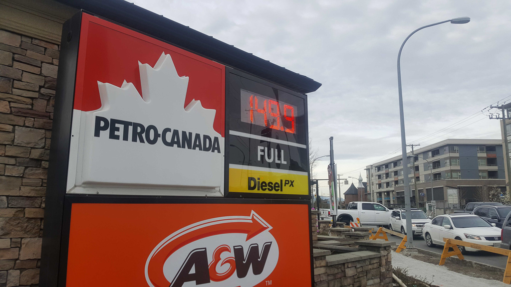 Gas price displayed at Petro-Canada station in Richmond Tuesday. Photo by Nathan Gan