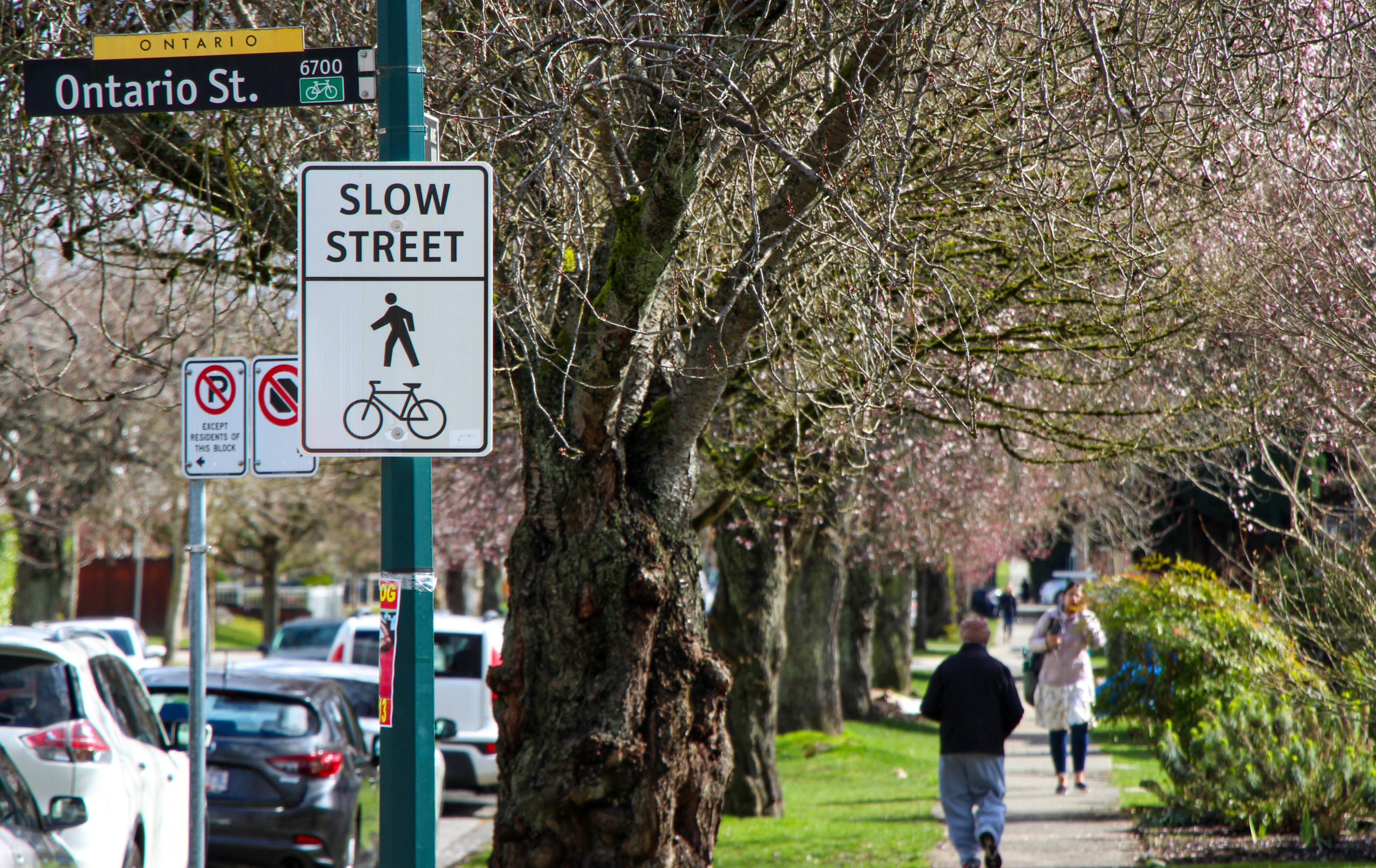 Pedestrians walk on a sidewalk along a Vancouver "slow street" with a sign reading "slow street" to the left. It's a sunny day.