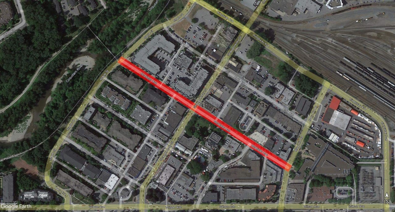 An aerial view of downtown Port Coquitlam with McAllister Avenue highlighted in red.